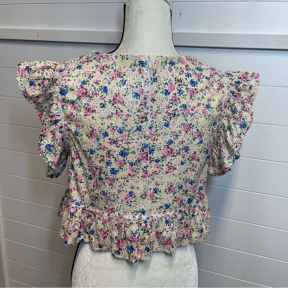 Zara Floral Sequin Ruffle Sleeve Crop Top Size Small - Picture 3 of 12